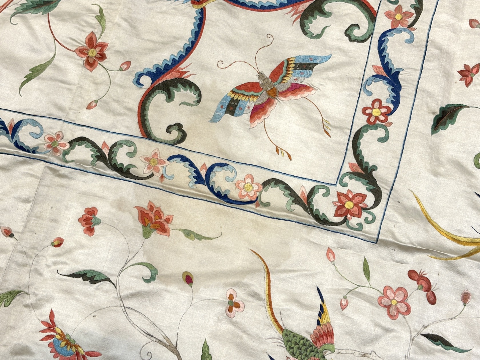 A fine Chinese 19th century silk polychrome embroidered cream silk bed cover, 290cm long x 278cm wide (both curtains together)